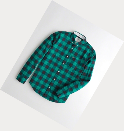 Turquoise Hollister Stretch Plaid Poplin Men's Long Sleeve | ZA-OLBX079