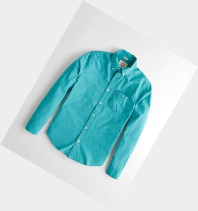 Turquoise Hollister Stretch Poplin Men's Long Sleeve | ZA-LYEX681