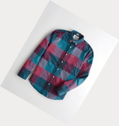 Turquoise Pink Hollister Stretch Plaid Poplin Men's Long Sleeve | ZA-ZHQF047