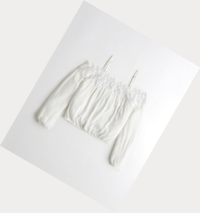 White Hollister Lace-Trim Cold Shoulder Women's Long Sleeve | ZA-ZJEW248