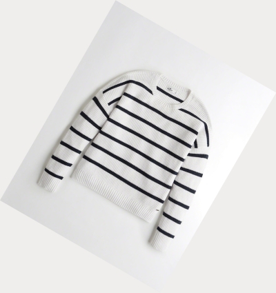 White Stripes Hollister Crewneck Women's Sweaters | ZA-DWFH902