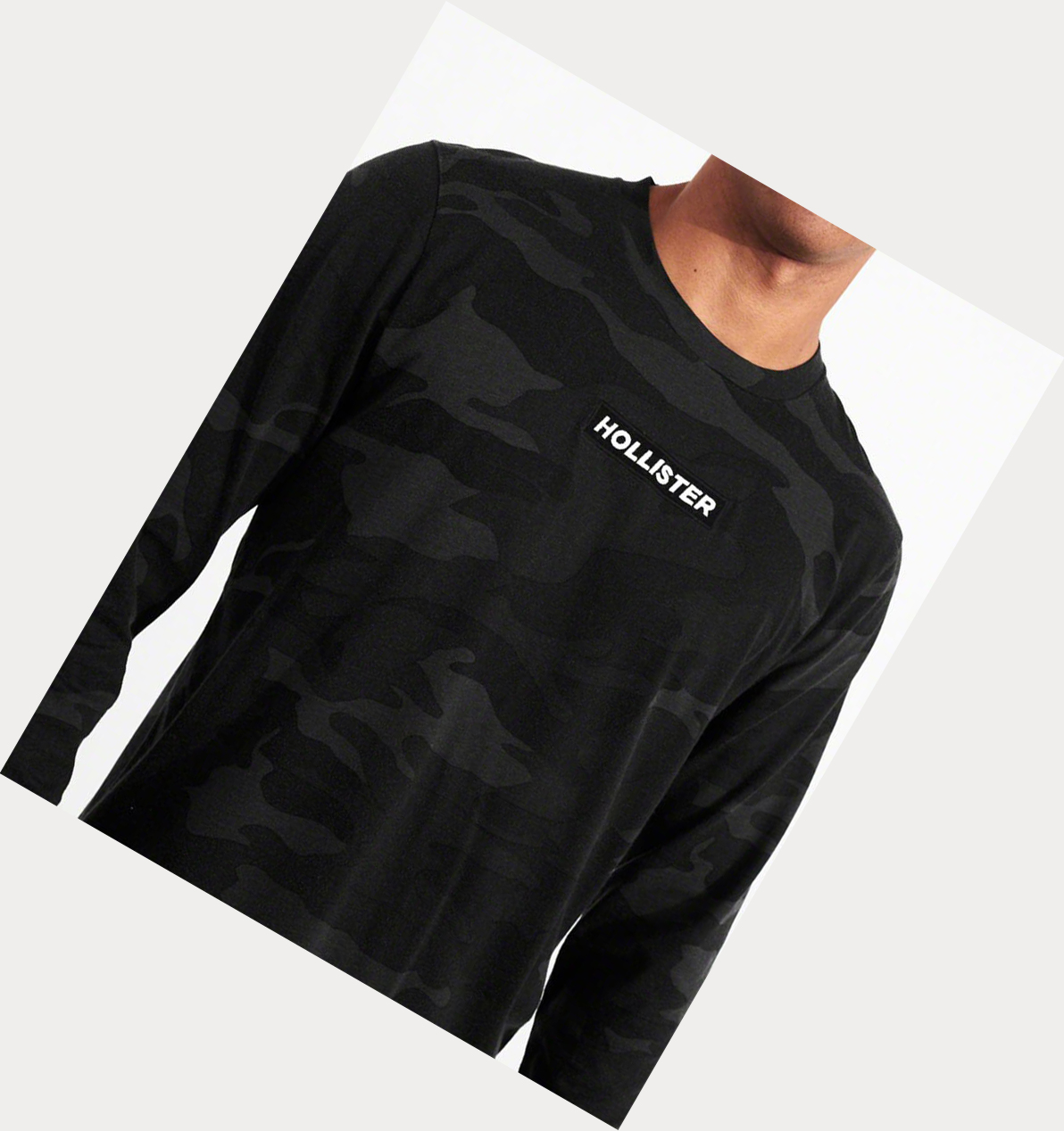 Black Camo Hollister Logo Curved Hem Men's Long Sleeve | ZA-JWBA509