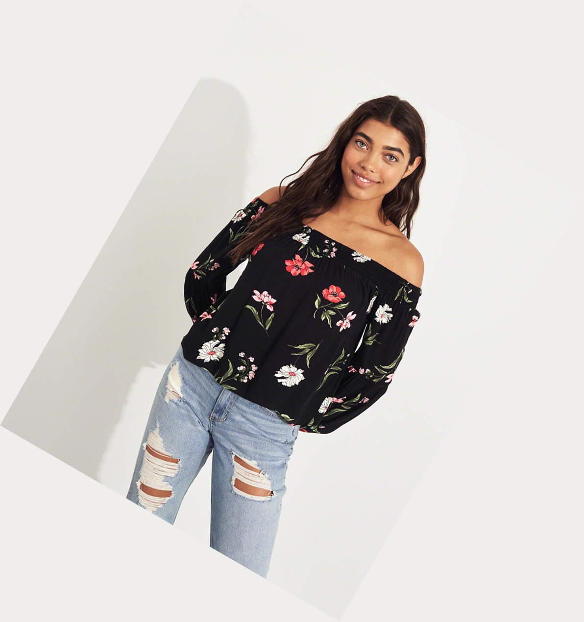 Black Hollister Balloon-Sleeve Off-The-Shoulder Women's Long Sleeve | ZA-MGFN536