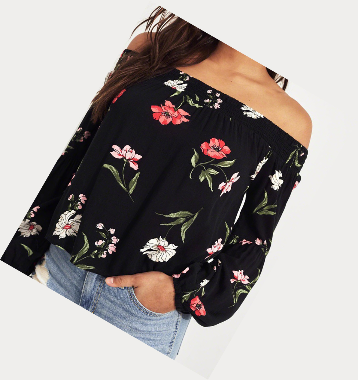 Black Hollister Balloon-Sleeve Off-The-Shoulder Women's Long Sleeve | ZA-MGFN536