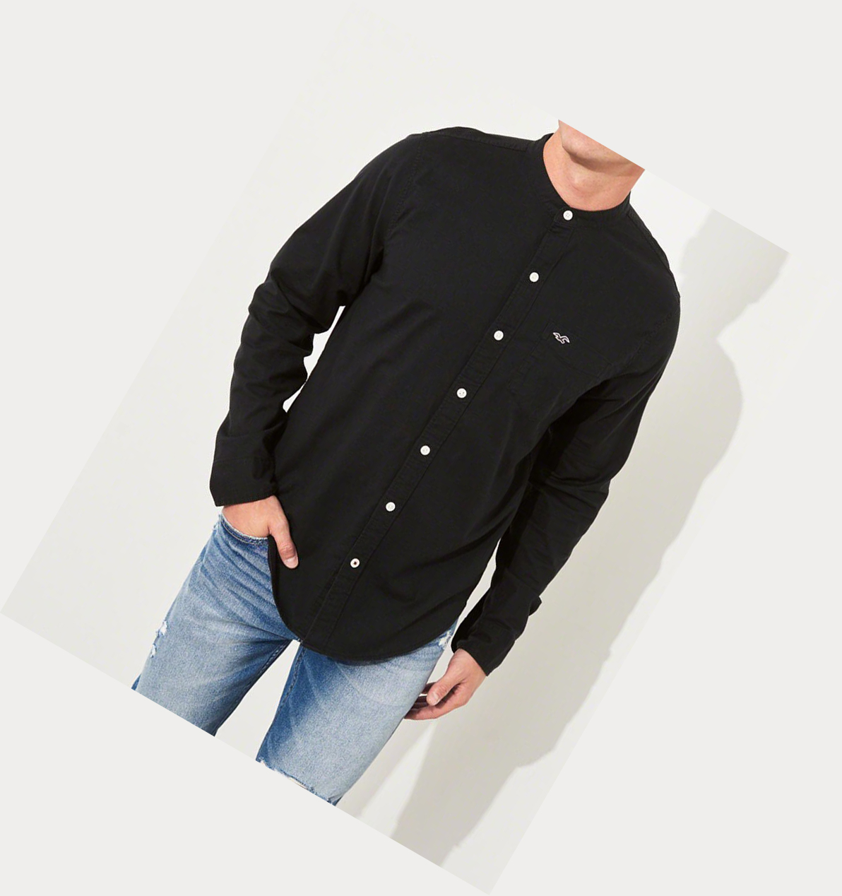 Black Hollister Banded Collar Stretch Oxford Men's Long Sleeve | ZA-QOXL579