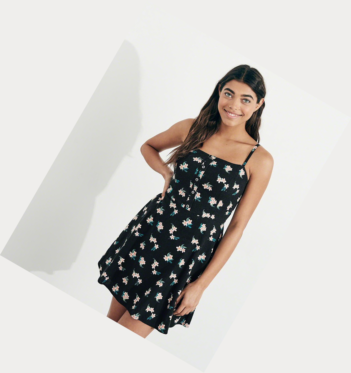 Black Hollister Button-Front Linen A-Line Women's Dress | ZA-LKQS296