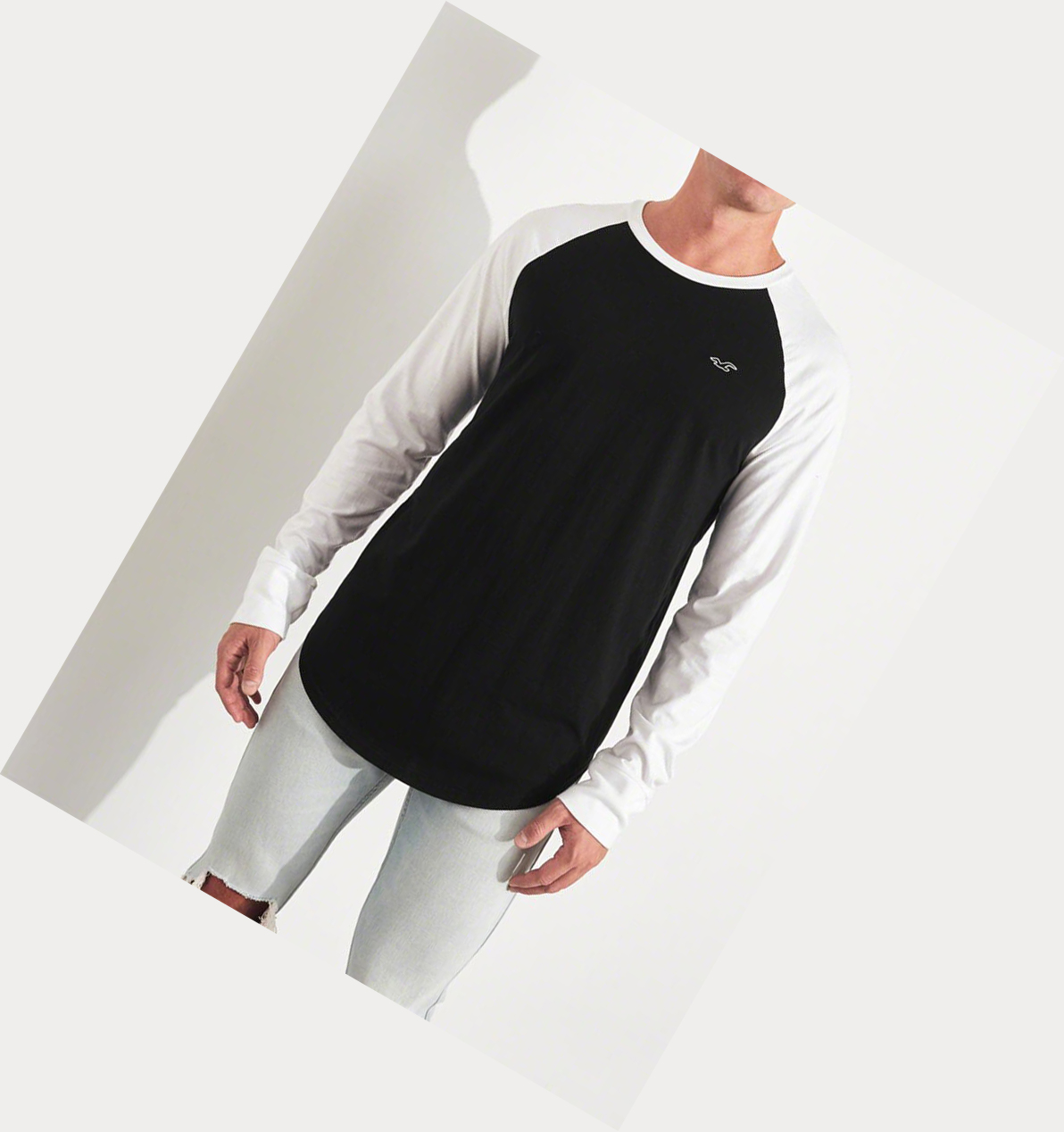 Black Hollister Colorblock Curved Hem Men's Long Sleeve | ZA-OSGZ683