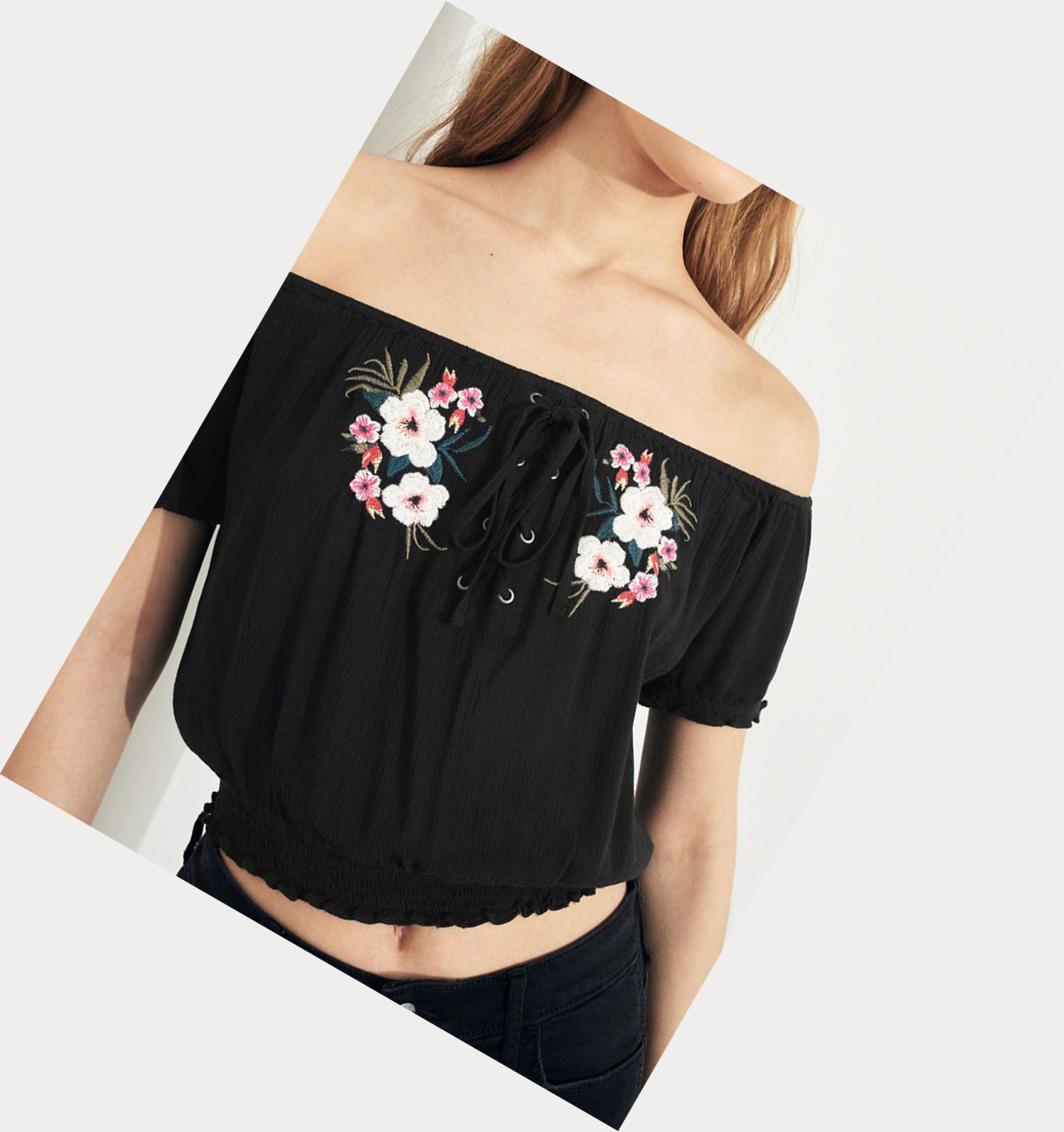 Black Hollister Embroidered Off-The-Shoulder Crop Women's Short Sleeve | ZA-FCMO471