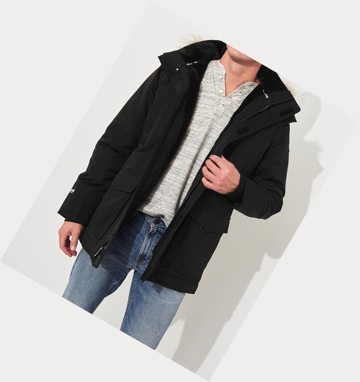 Black Hollister Faux-Fur-Lined Men's Parka Jackets | ZA-TBHI518