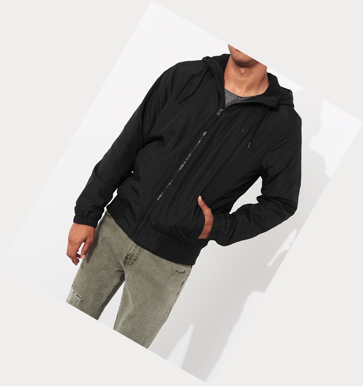 Black Hollister Fleece-Lined Hooded Men's Bomber Jackets | ZA-WLXA903