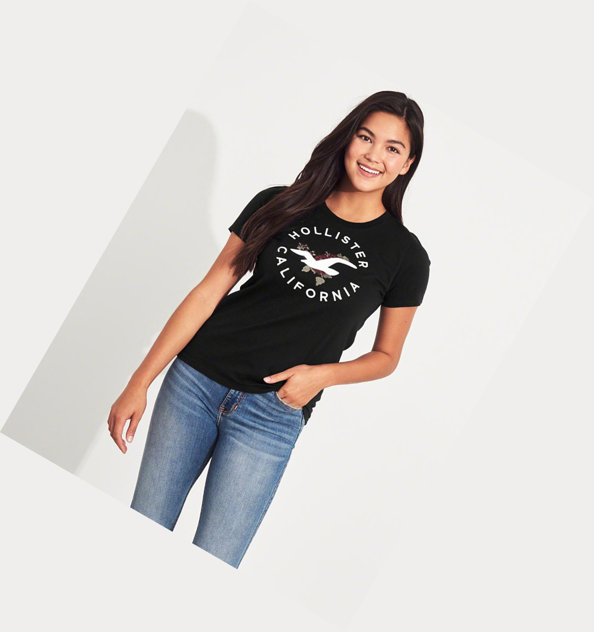 Black Hollister Floral Embroidered Women's Short Sleeve | ZA-SVHT413