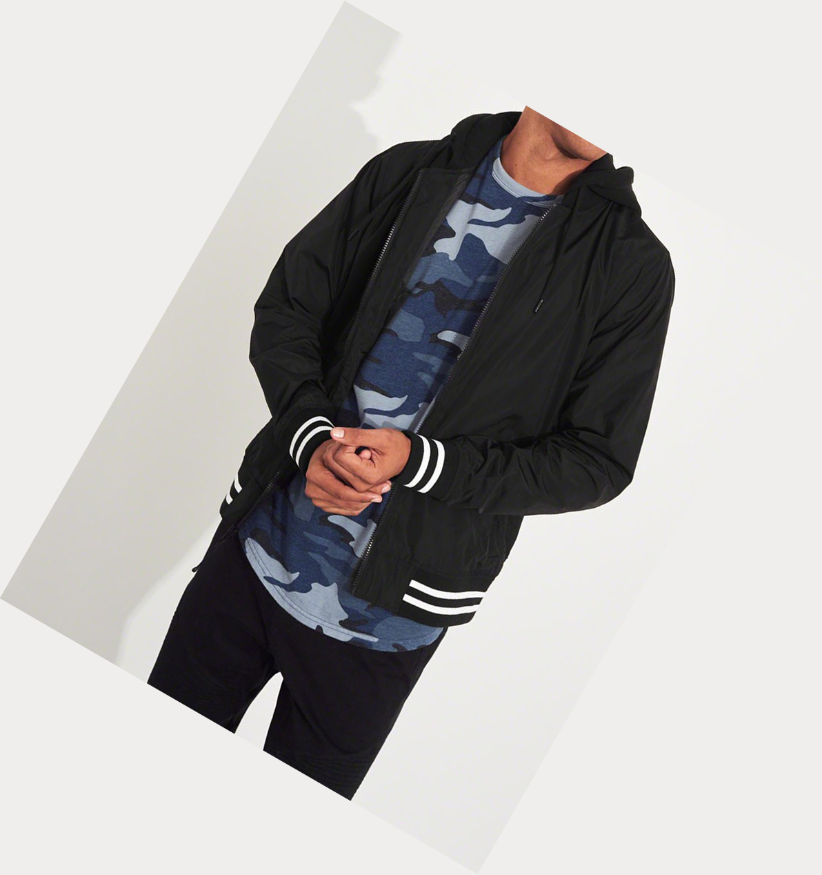 Black Hollister Graphic Hooded Men's Bomber Jackets | ZA-OHTE612