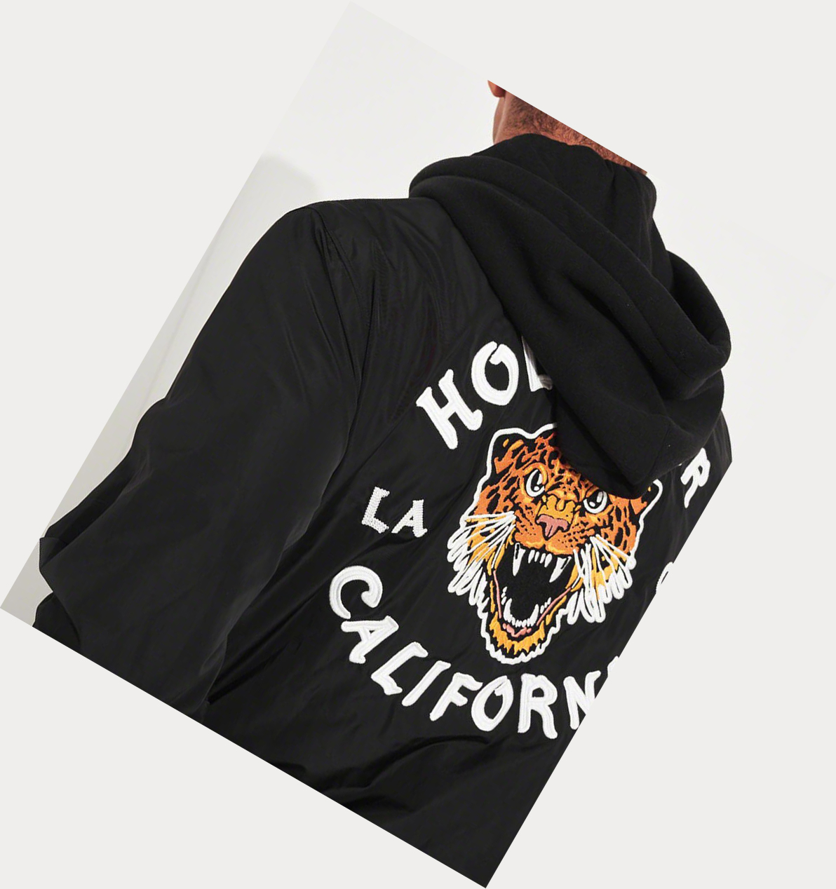 Black Hollister Graphic Hooded Men's Bomber Jackets | ZA-OHTE612