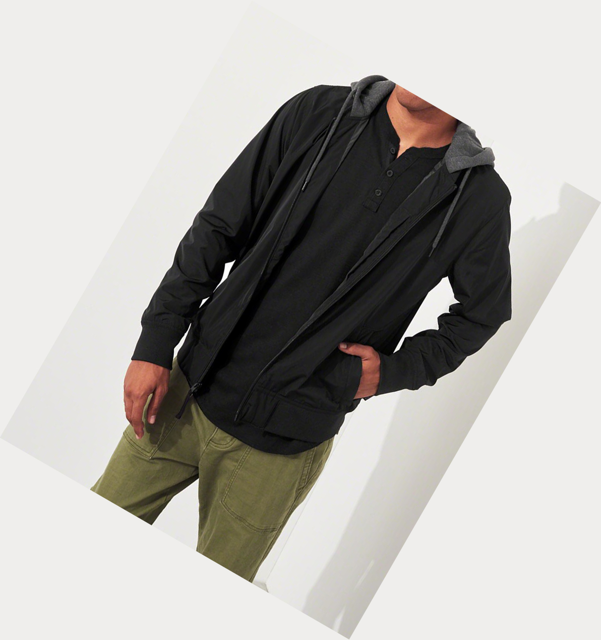 Black Hollister Hooded Men's Bomber Jackets | ZA-FXQV570