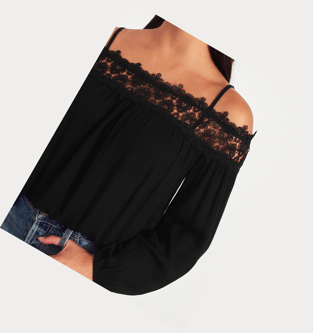 Black Hollister Lace-Trim Cold Shoulder Women's Long Sleeve | ZA-WPYX485