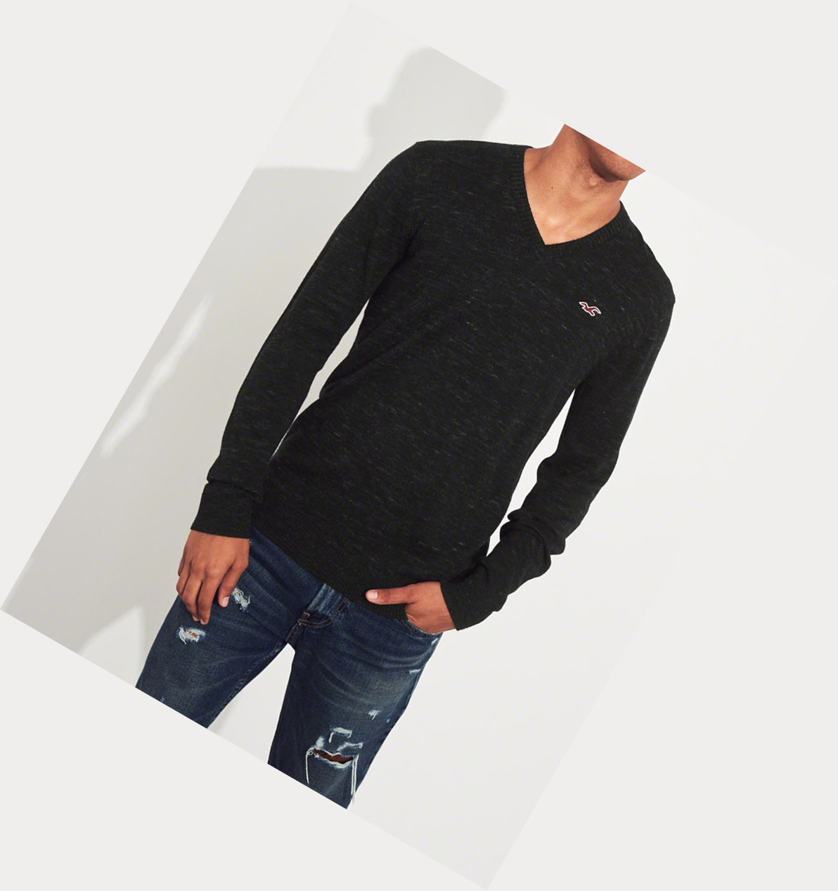 Black Hollister Lightweight V-Neck Men's Sweaters | ZA-NODF120