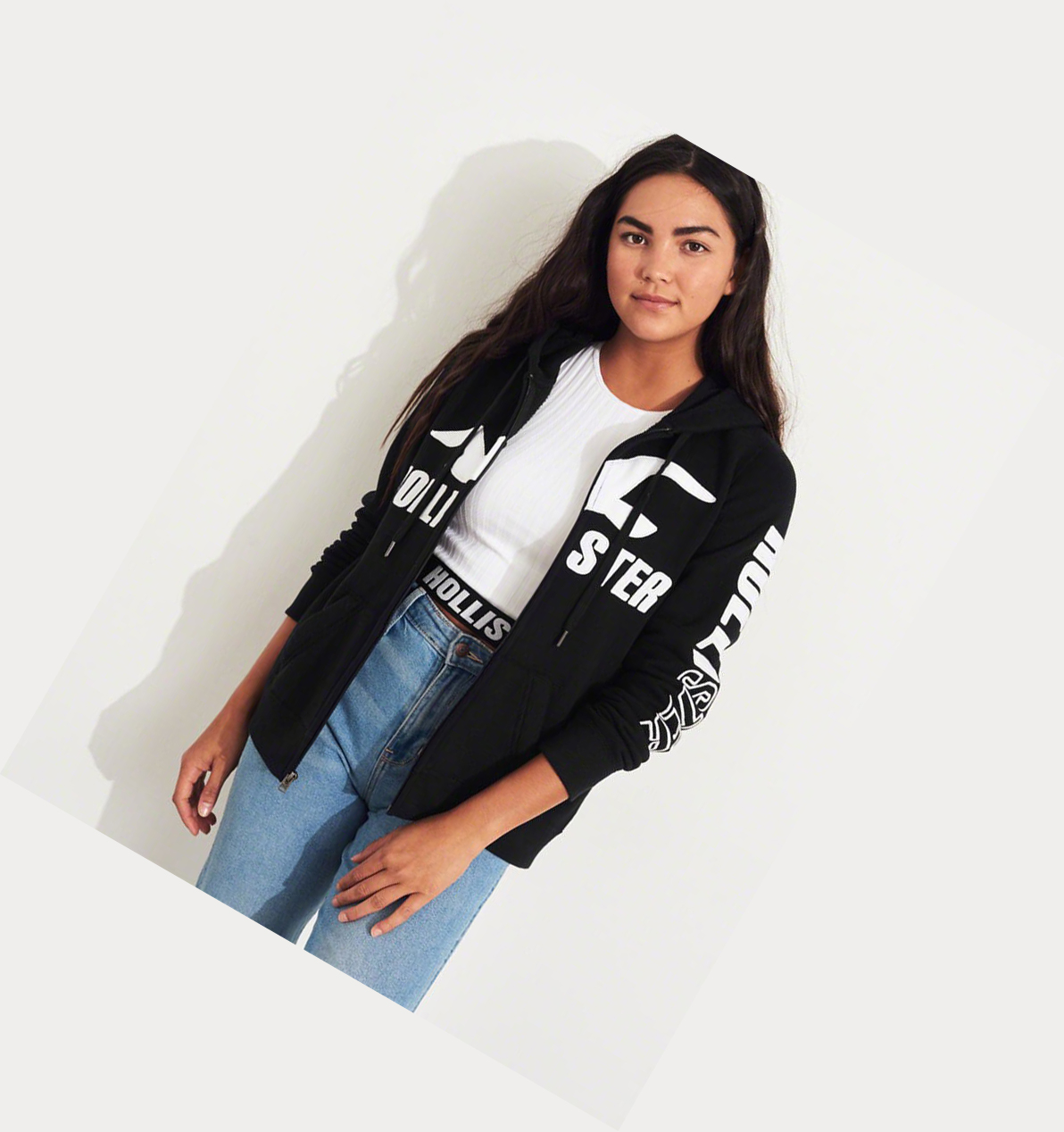 Black Hollister Logo Graphic Full-Zip Women's Hoodie | ZA-FETS769