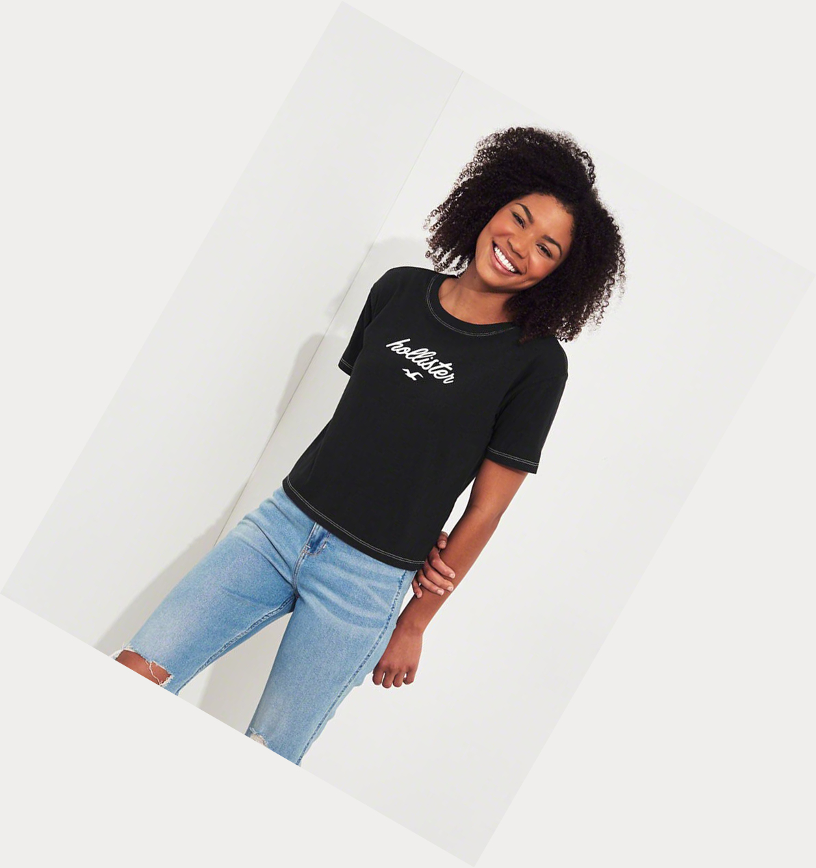 Black Hollister Logo Women's Short Sleeve | ZA-IRFV260