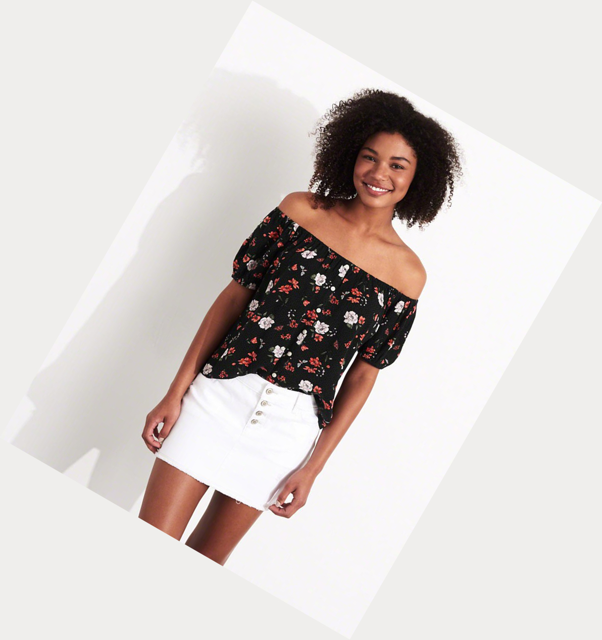 Black Hollister Off-The-Shoulder Rayon Women's Short Sleeve | ZA-JCSX416