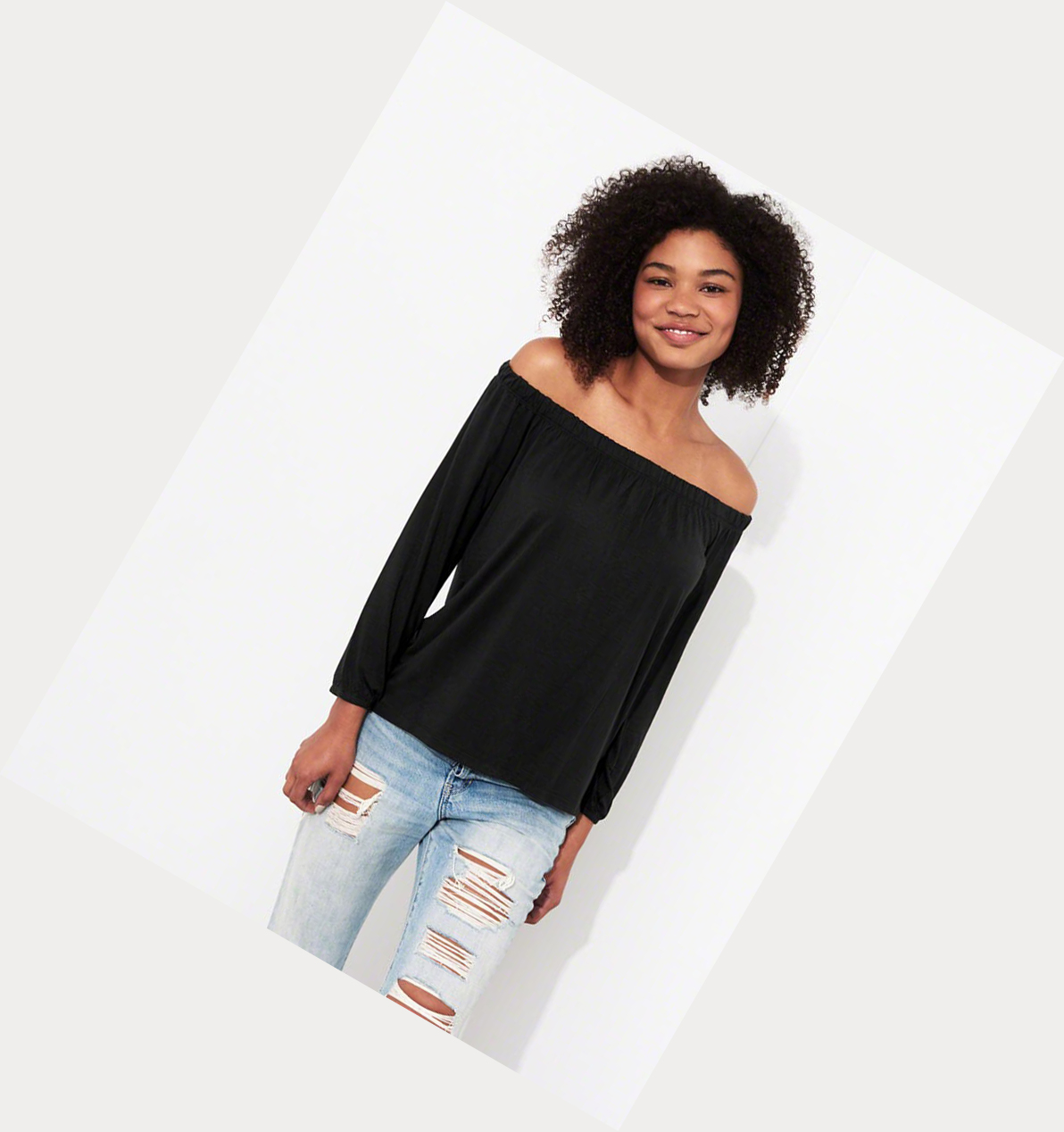 Black Hollister Off-The-Shoulder Women's Long Sleeve | ZA-TZGM370