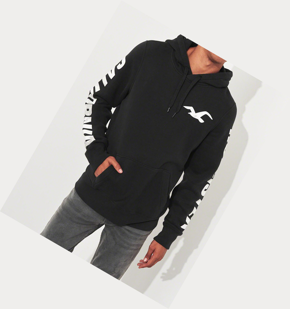 Black Hollister Print Logo Graphic Men's Hoodie | ZA-FQAR184