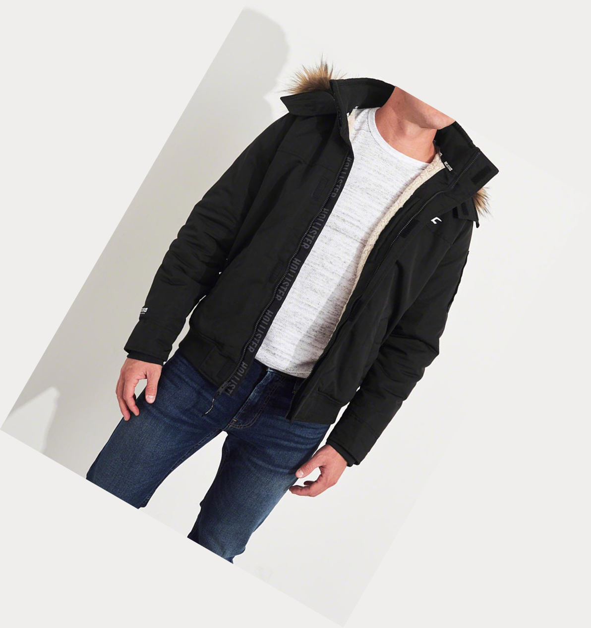 Black Hollister Sherpa-Lined Hooded Men's Bomber Jackets | ZA-QJIA268