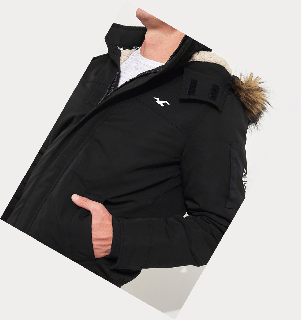 Black Hollister Sherpa-Lined Hooded Men's Bomber Jackets | ZA-QJIA268