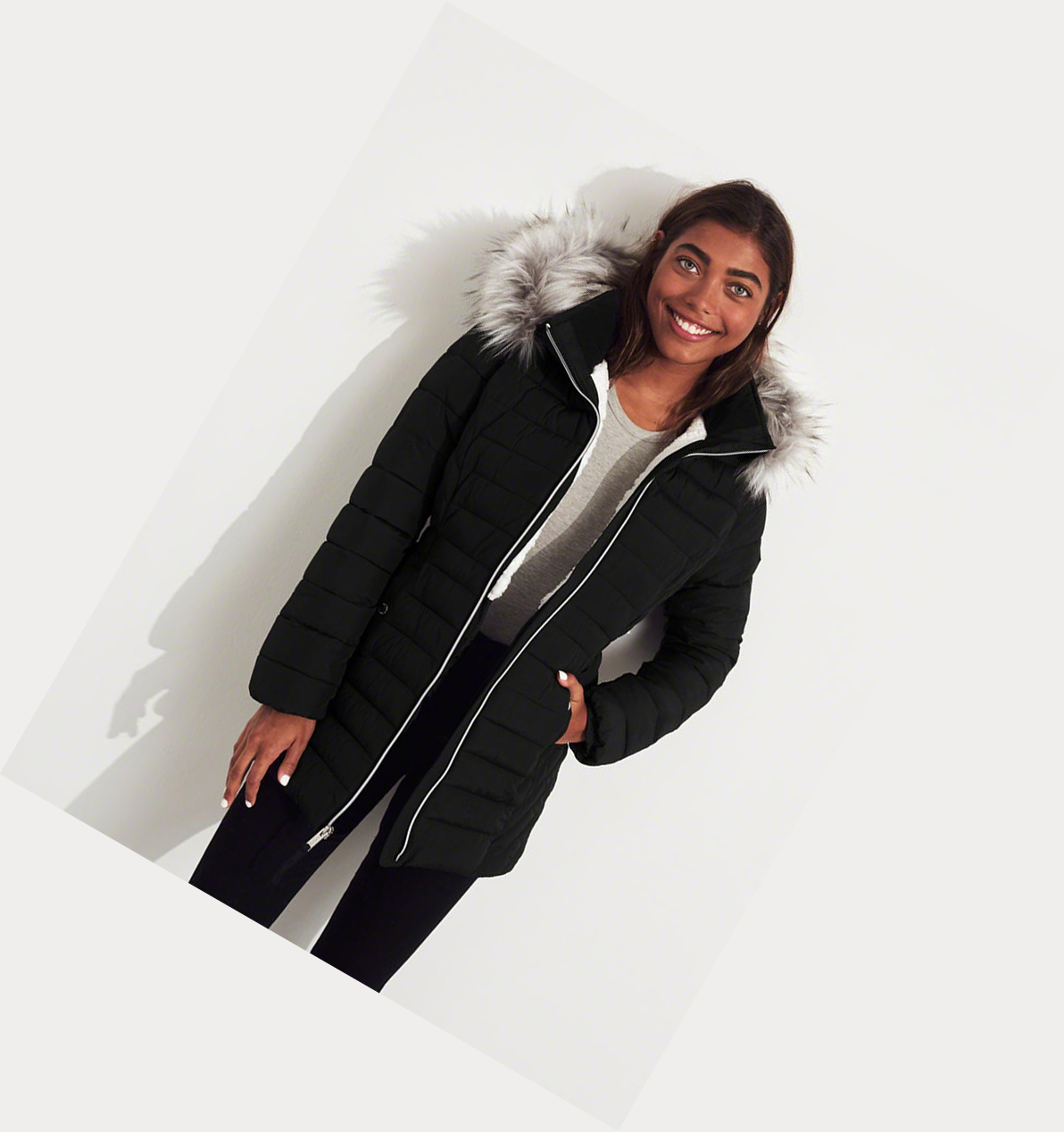 Black Hollister Sherpa-Lined Puffer Women's Parka Jackets | ZA-WSAL149