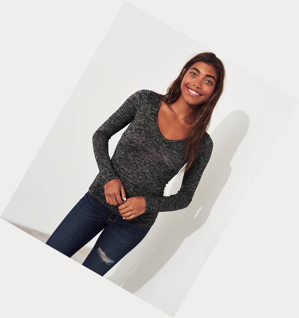 Black Hollister Slim V-Neck Women's Long Sleeve | ZA-WFVX987