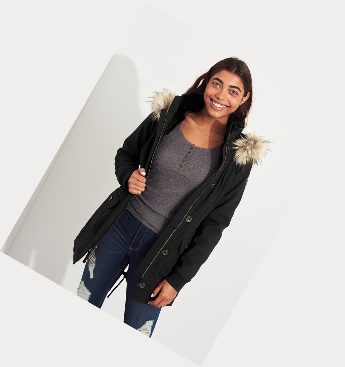 Black Hollister Stretch Cozy-Lined Women's Parka Jackets | ZA-SETP156