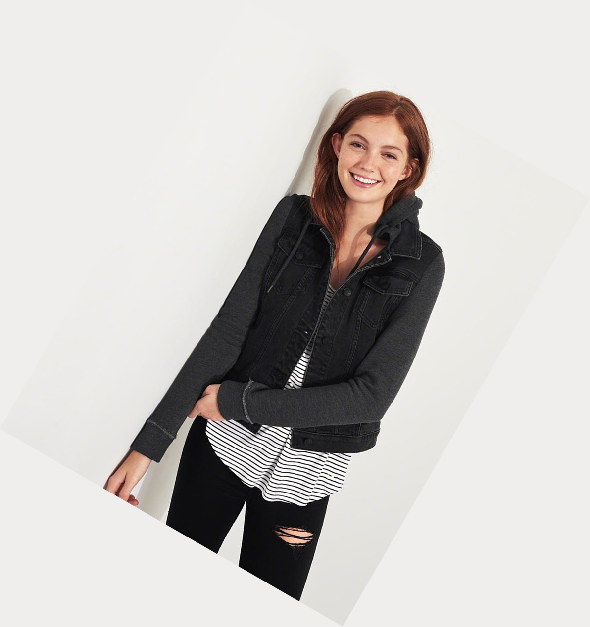 Black Hollister Stretch Hooded Women's Denim Jacket | ZA-SXZY671