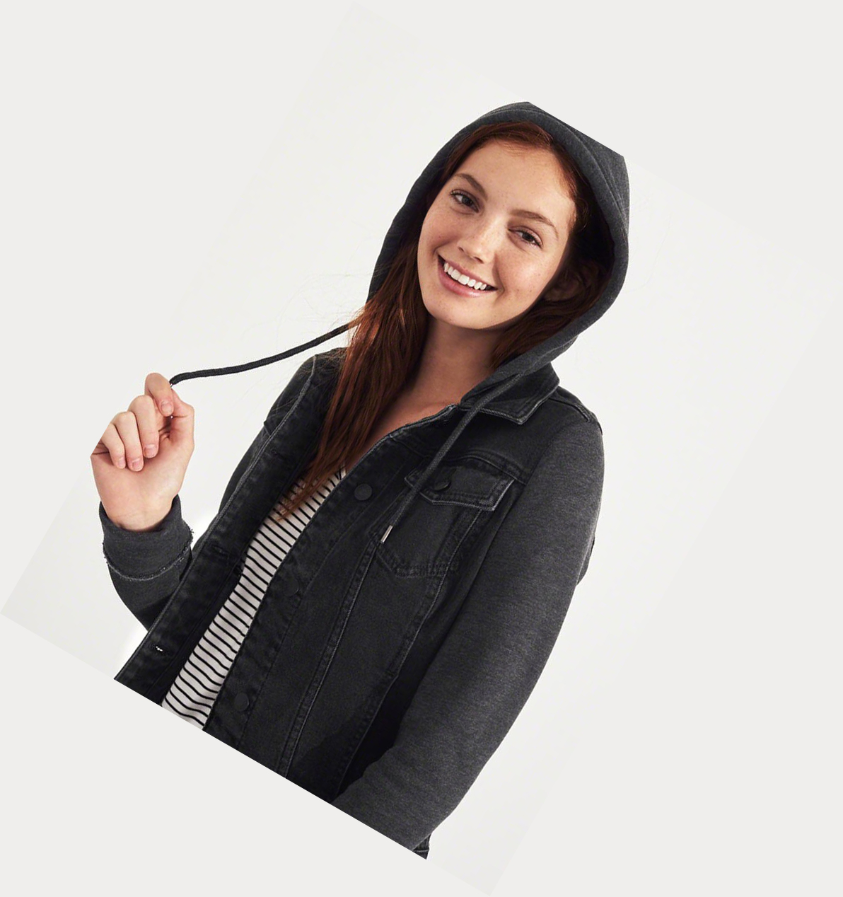 Black Hollister Stretch Hooded Women's Denim Jacket | ZA-SXZY671