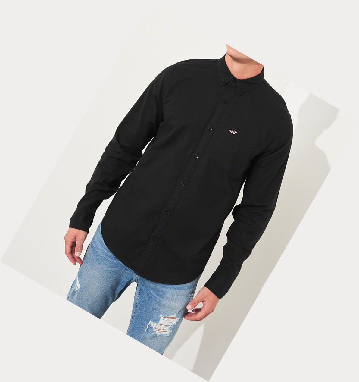 Black Hollister Stretch Oxford Men's Long Sleeve | ZA-QRGP057