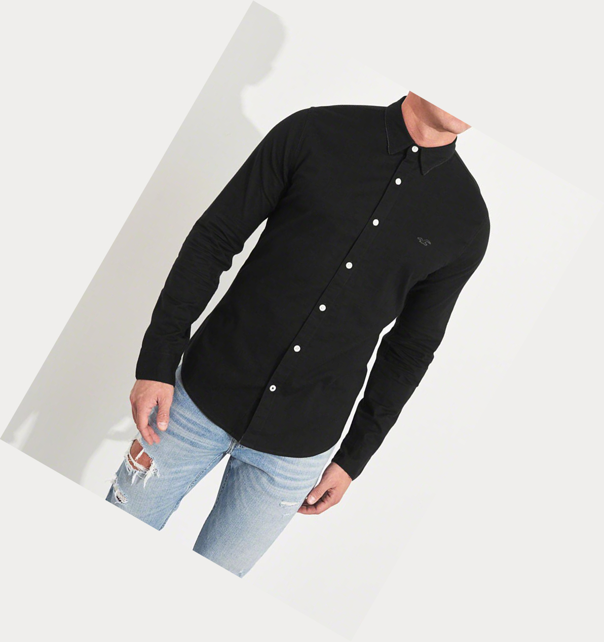 Black Hollister Stretch Oxford Muscle Fit Men's Long Sleeve | ZA-HQMB538