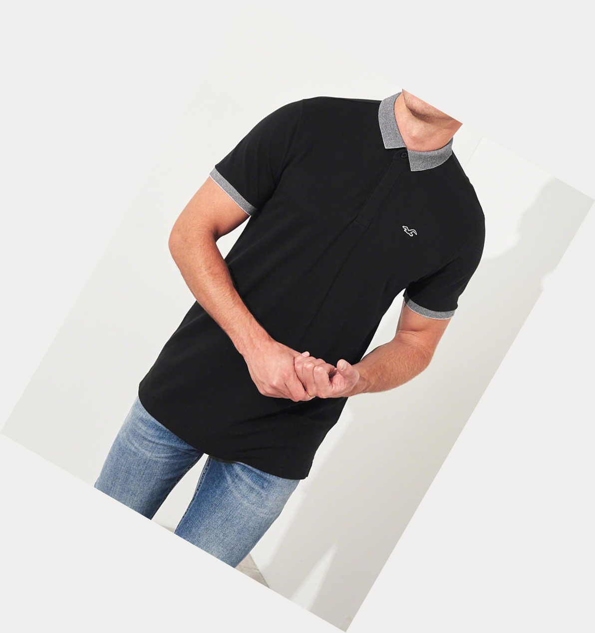 Black Hollister Stretch Shrunken Collar Men's Polo Shirts | ZA-OUTR294