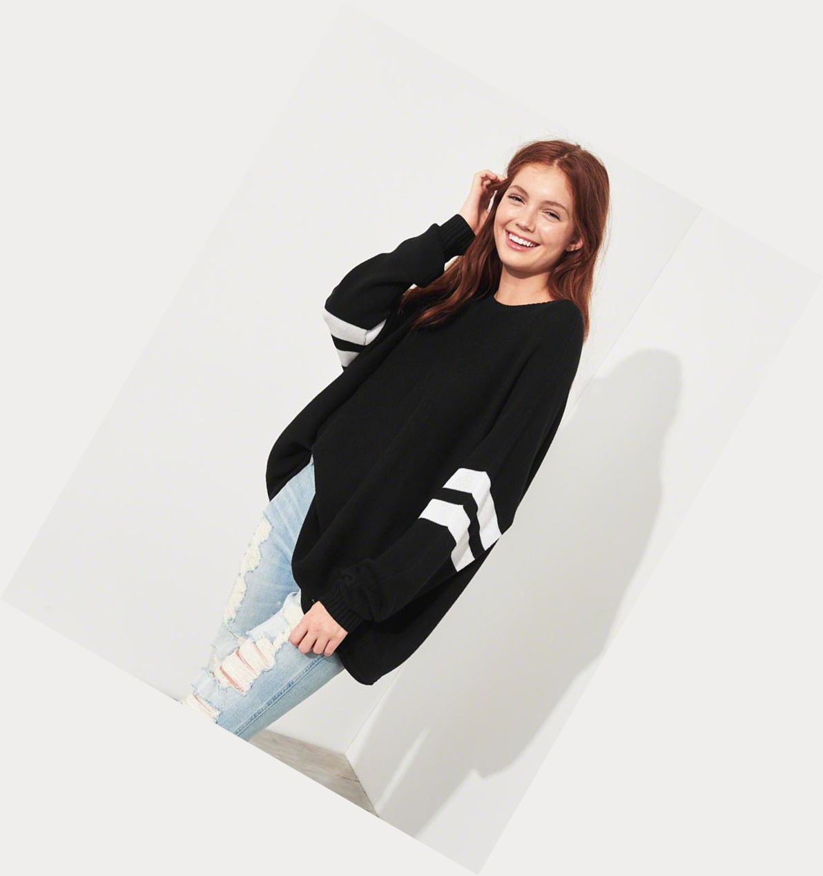 Black Hollister Stripe Oversized Women's Sweaters | ZA-EJNP385