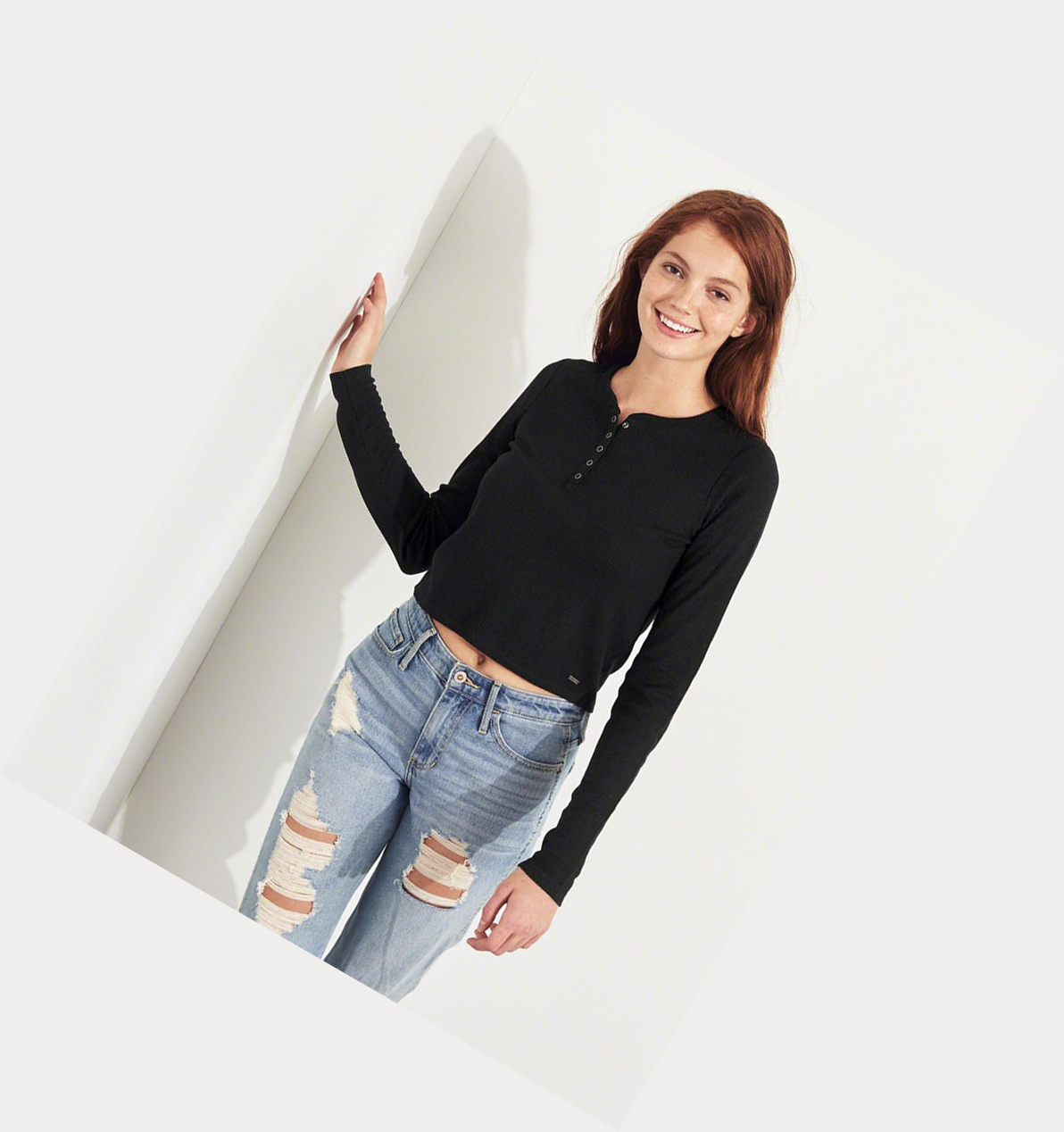 Black Hollister Waffle Crop Henley Women's Long Sleeve | ZA-VWIT069