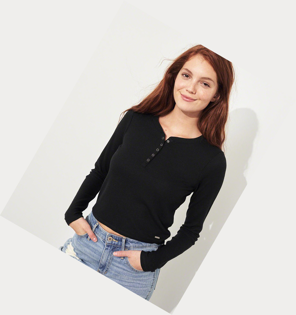 Black Hollister Waffle Crop Henley Women's Long Sleeve | ZA-VWIT069