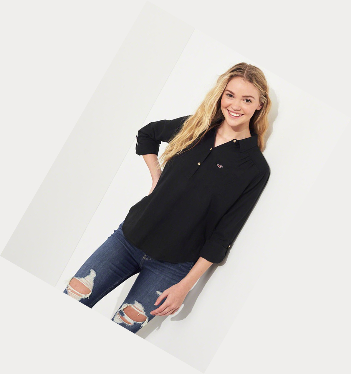 Black Hollister Woven Popover Women's Long Sleeve | ZA-IJRH238