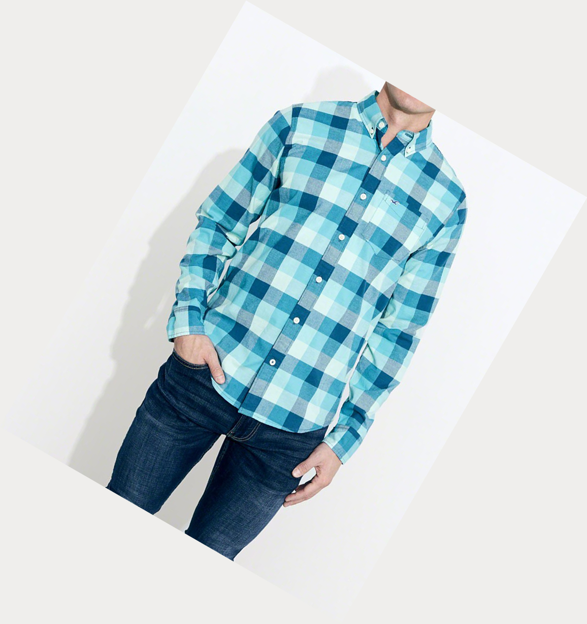 Blue Hollister Stretch Check Poplin Men's Long Sleeve | ZA-YZUS197