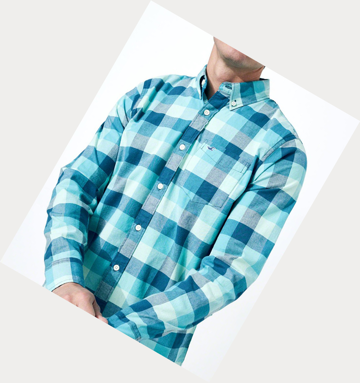 Blue Hollister Stretch Check Poplin Men's Long Sleeve | ZA-YZUS197