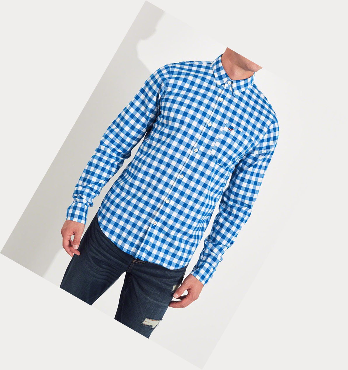 Blue Hollister Stretch Plaid Poplin Men's Long Sleeve | ZA-KAJT795