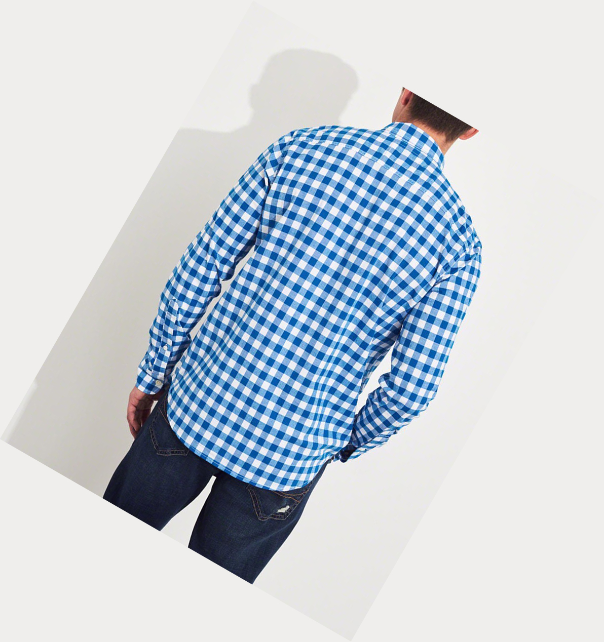 Blue Hollister Stretch Plaid Poplin Men's Long Sleeve | ZA-KAJT795