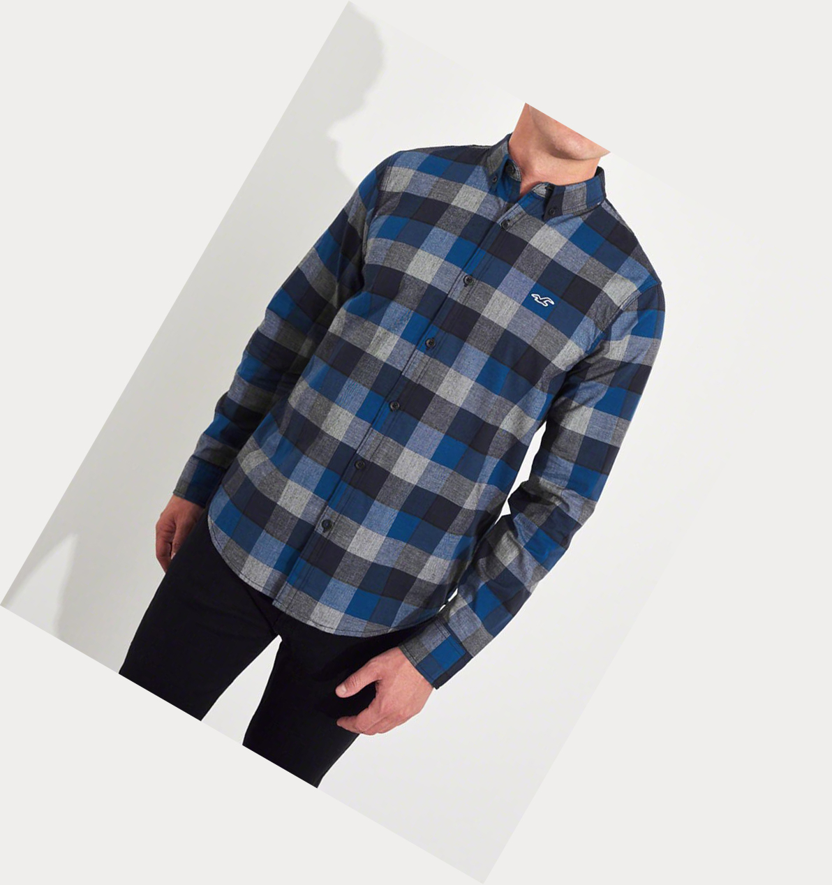 Blue Hollister Stretch Plaid Poplin Men's Long Sleeve | ZA-ZBWI601