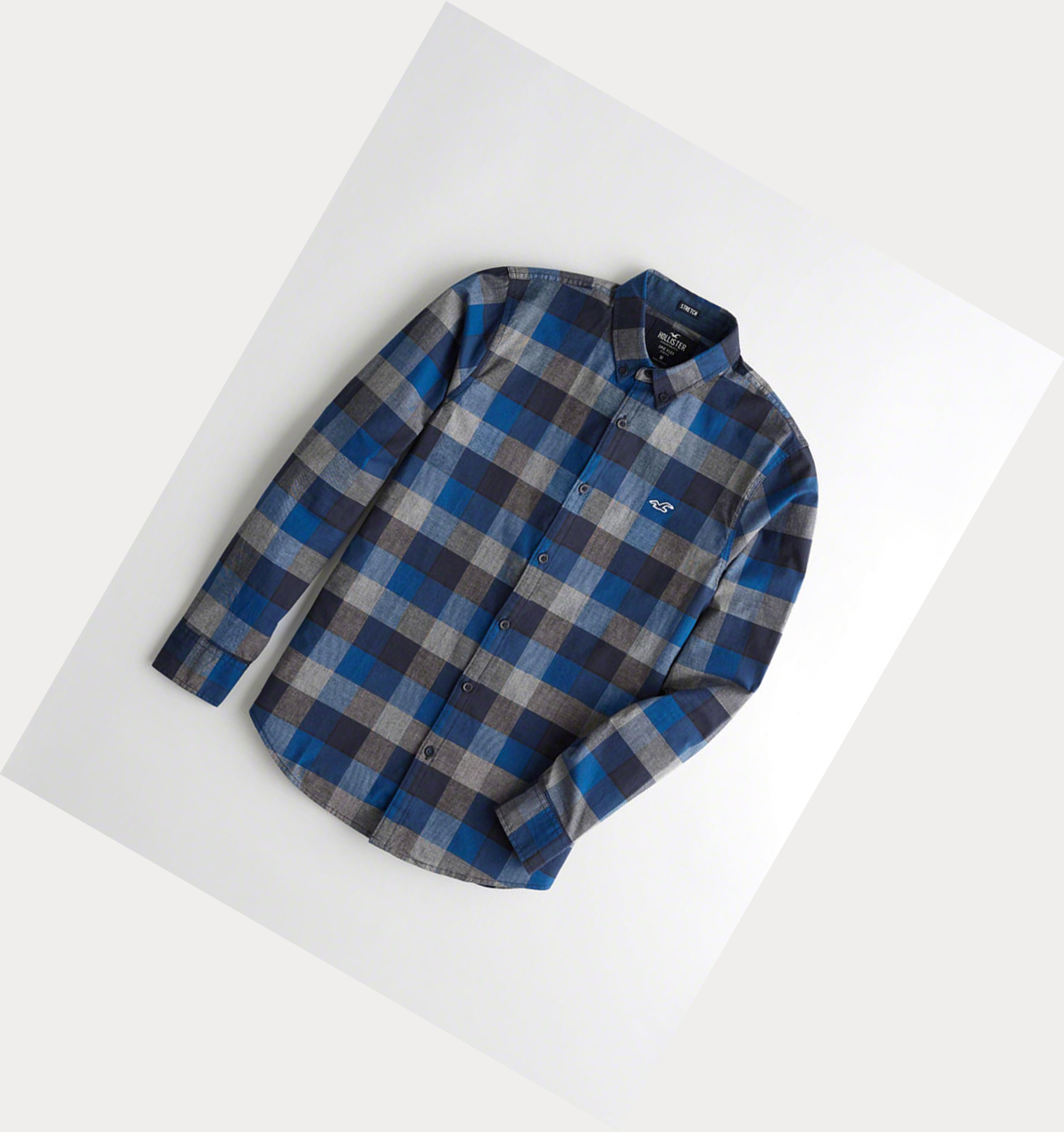 Blue Hollister Stretch Plaid Poplin Men\'s Long Sleeve | ZA-ZBWI601