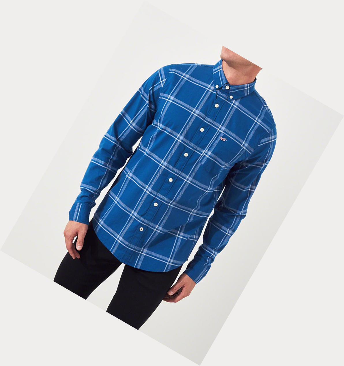 Blue Hollister Stretch Plaid Poplin Men's Long Sleeve | ZA-ZHWQ386