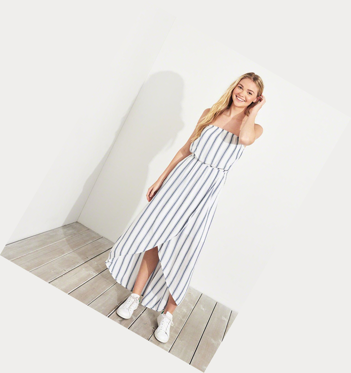 Blue Stripes Hollister Strapless High-Low Wrap Maxi Women's Dress | ZA-WBER950