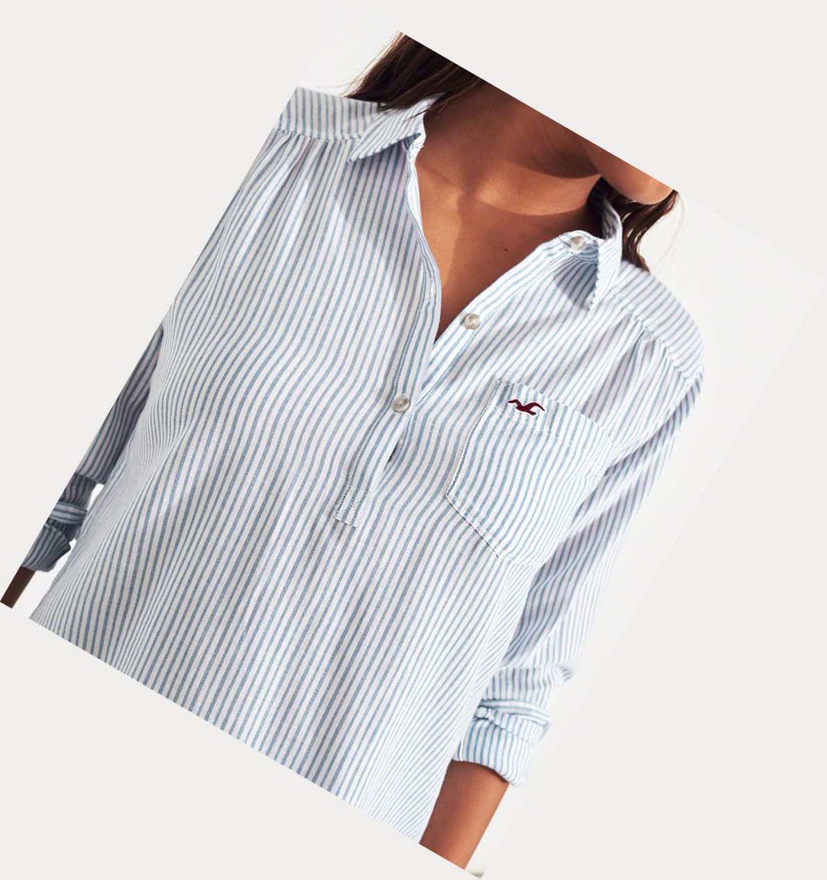 Blue Stripes Hollister Woven Popover Women's Long Sleeve | ZA-IUST967