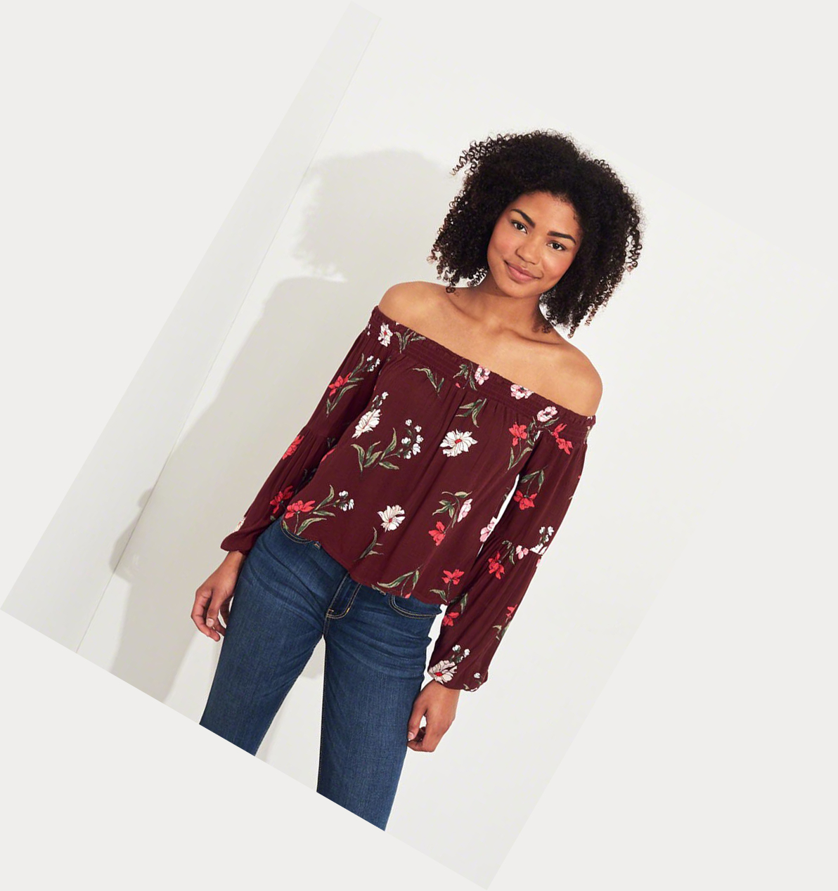 Burgundy Hollister Balloon-Sleeve Off-The-Shoulder Women's Long Sleeve | ZA-HFQN701