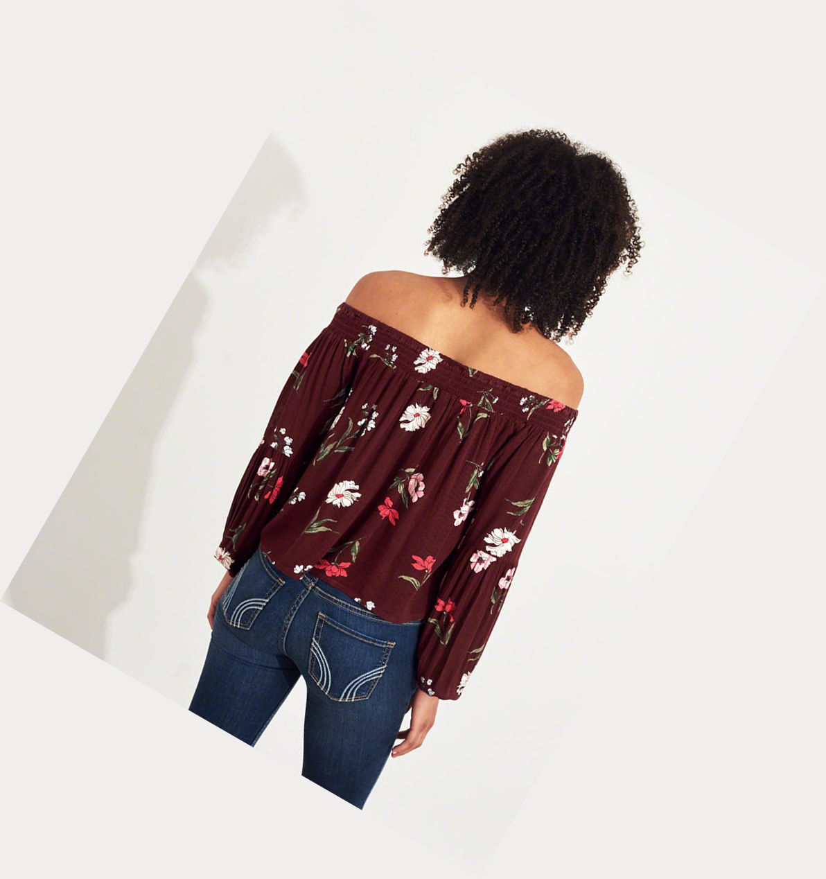 Burgundy Hollister Balloon-Sleeve Off-The-Shoulder Women's Long Sleeve | ZA-HFQN701